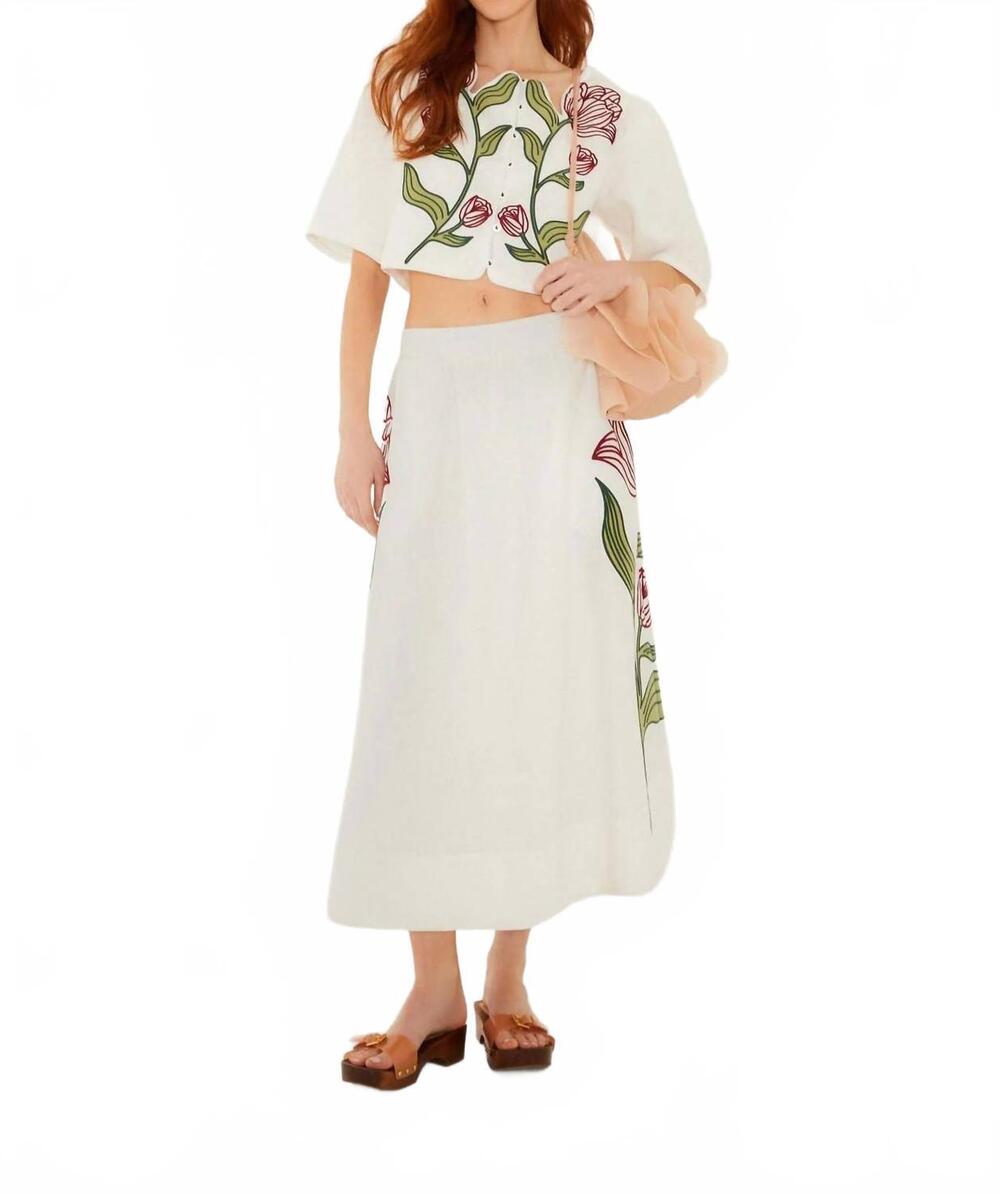 NEW FARM RIO flower embroidered midi skirt in off-white